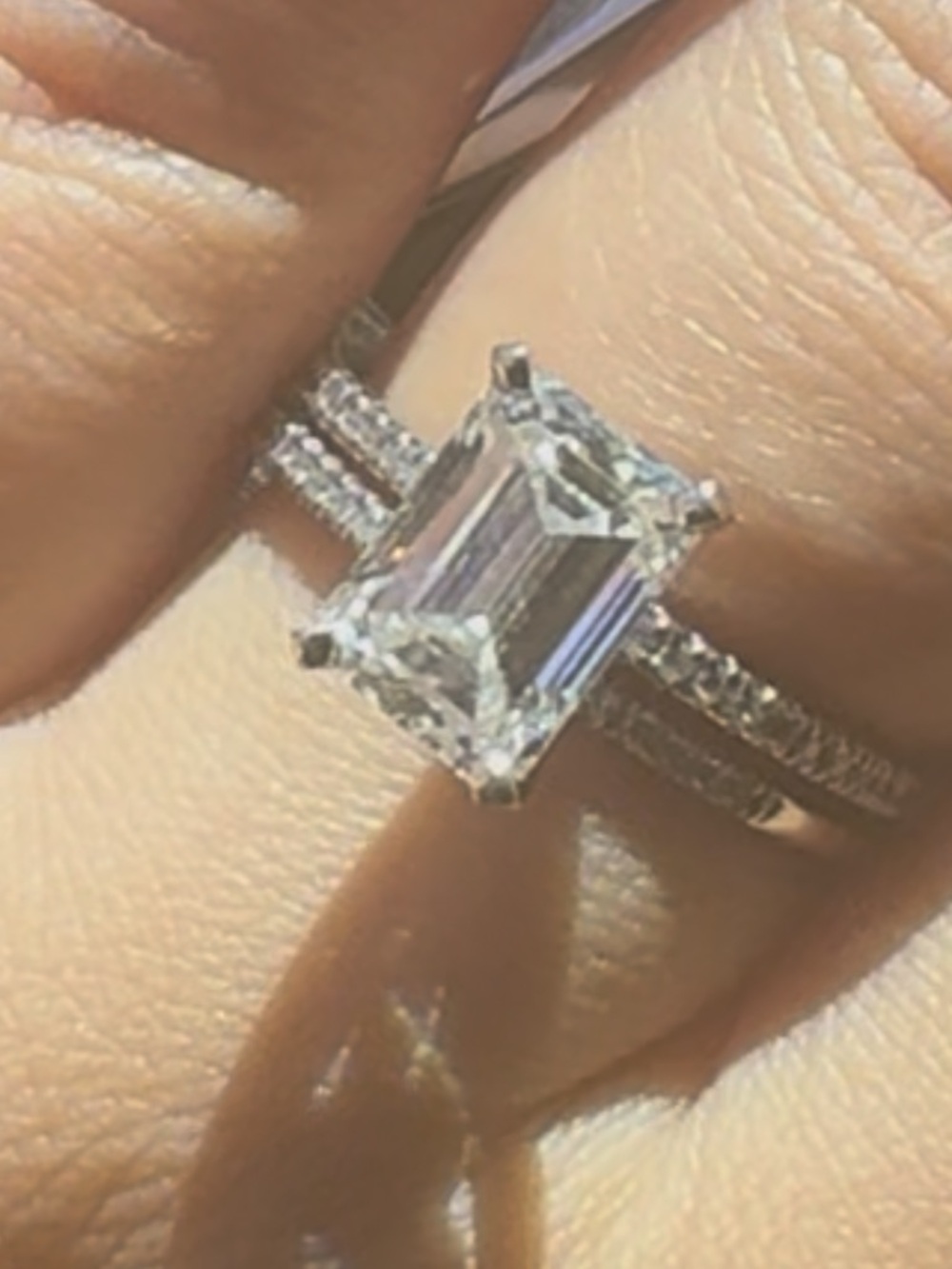 Emerald-Cut White/Silver Engagement Ring with Pavé Band